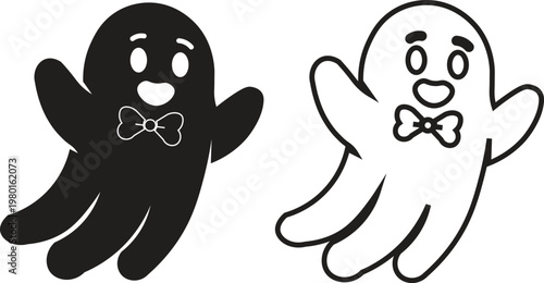 Cute ghost cartoon character with bow tie, friendly Halloween spirit vector icons, black silhouette and outline phantom set for spooky seasonal decor