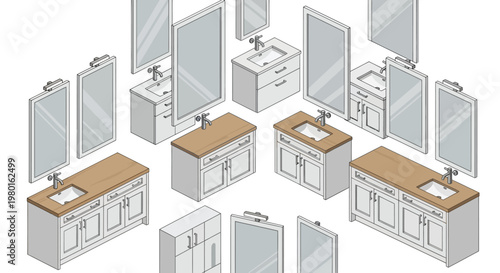 An exploded isometric view illustrating bathroom vanity components and assembly details high quality