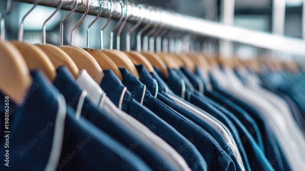 Fototapeta premium Clean Workwear on Hangers in a Navy and White Setting With a Focus on Laundry Services and Uniform Cleaning Space for Businesses