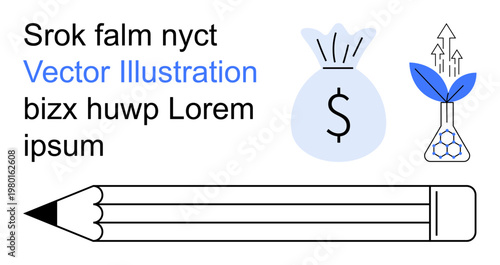 Education, sustainability, finance, creativity, eco-friendly innovation, economic growth. Pencil, money bag with dollar symbol plant growing from laboratory setup. Education and sustainability