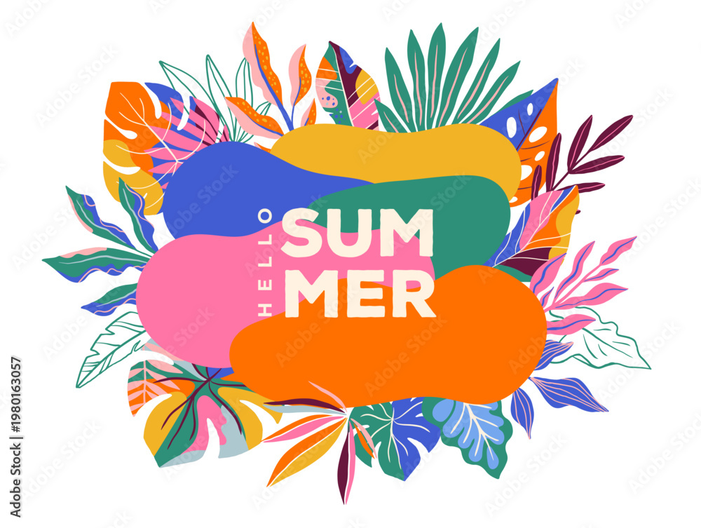 Fototapeta premium Exotic summer background with colorful jungle leaves. Modern tropical banner and poster vector template.