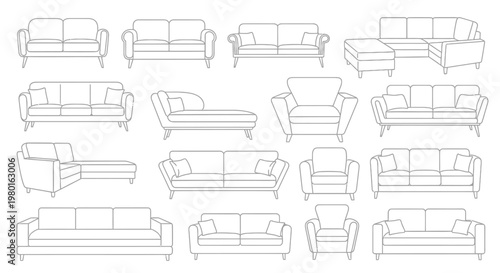 A collection of various sofa and couch outlines in a linear minimalist style