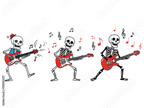 Skeleton playing guitar happily vector