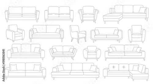 An assortment of minimalist furniture outlines featuring various sofas armchairs and loveseats