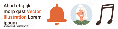 Communication, notifications, user profiles, music, aged diversity, alert signals. A bell icon, an elder womans portrait and a musical note. Communication and notifications concept