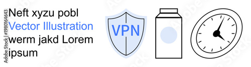 Online privacy, data protection, time tracking, cybersecurity, conceptual design, digital safety. Shield labeled VPN, carton and clock. Online privacy and data protection concept