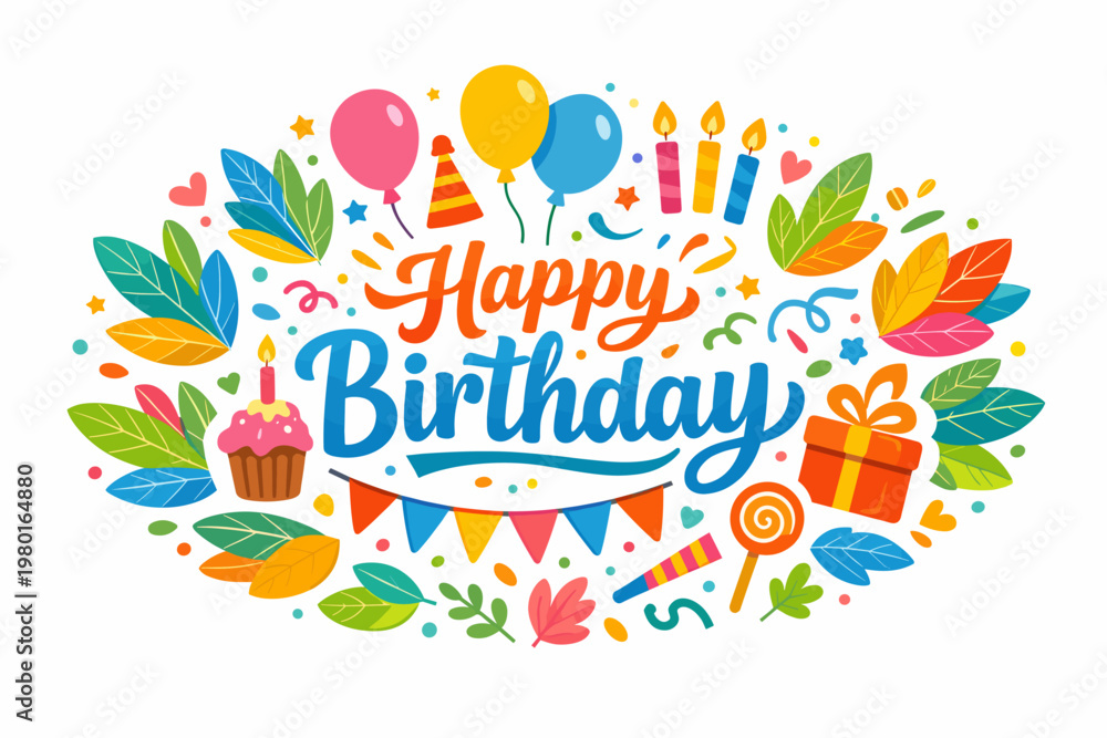 Obraz premium Jubilant Anniversary Typography Burst Surrounded by Ascending Balloons, Wrapped Presents, Frosted Mini Cakes, Flickering Candles, and Swirling Ribbon Streamers in an Exuberant Rainbow Palette Greeting