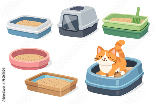 Collection of various cat litter boxes and a cute ginger cat using one of them, including hooded, open, and sifting styles with a scoop, simple flat vector illustration for pet care and hygiene.