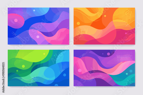 Set of four modern abstract posters featuring fluid wavy shapes, vibrant color gradients, and halftone patterns. Ideal for corporate identity, web design, presentations, and creative backgrounds.