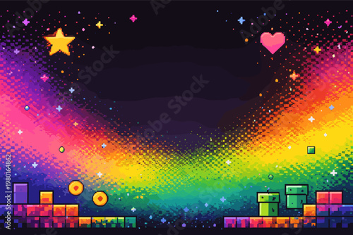 Retro Pixel Art Video Game Background Vector with Vibrant Rainbow Gradient, Dithered Halftone Patterns, Arcade Style Blocks, Coins, Pipes, Stars, and Heart Frame for Gaming UI and Nostalgic Design