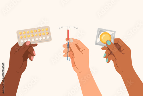Diverse female hands holding various types of contraception methods including a blister pack of hormonal birth control pills, an intrauterine device IUD, and a condom for reproductive health.