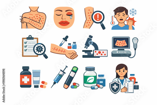 Hives Symptoms and Treatment Vector Icon Set Featuring Skin Rash, Allergic Reaction, Angioedema, Medical Diagnosis, Skin Prick Test, Medications, Syringe, and Doctor for Healthcare and Education.