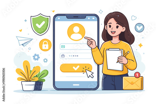 Young Woman Pointing at Smartphone Screen with Sign Up Registration Form, Secure Login, User Account Creation, Online Privacy and Data Protection Concept, Flat Cartoon Vector Illustration Art
