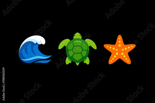 Set of three vibrant marine-themed vector icons featuring a stylized blue ocean wave, a green sea turtle with a detailed shell, and a bright orange starfish, isolated on a black background.
