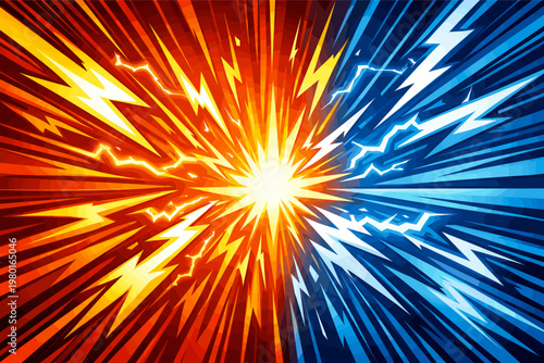 Dynamic Comic Book Background with Explosive Lightning Bolts and Radial Speed Lines, Red Fire and Blue Ice Energy Collision, Electric Power Flash Vector Illustration for Manga and Anime Action