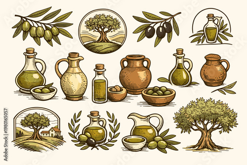 Vintage Hand Drawn Olive Tree Branches with Leaves, Ceramic Pots, Vases, and Olive Oil Icons. Collection of Mediterranean Organic Food Elements, Engraved Style Illustrations for Logo Design.