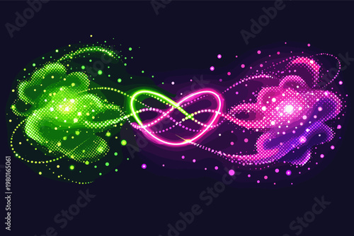 Abstract vector illustration of quantum entanglement with glowing neon green and pink dotted particles, representing subatomic connection, physics concepts, energy flow, and digital technology.