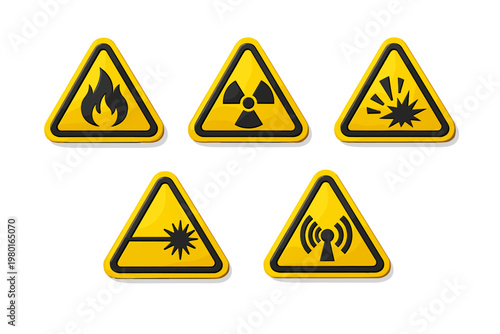 Set of 3D yellow triangular hazard warning signs with industrial safety symbols for flammable fire, radioactive radiation, explosive blast, laser beam, and non-ionizing radiation signal icons.
