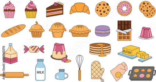 Bakery and Dessert Vector Set with Cupcake Croissant Cookies Pancakes and Sweet Food