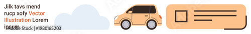 Transportation, mobility solutions, driver identification, vehicle registration, travel, minimal design. Compact orange car with a cloud and license card . Transportation and mobility solutions focus