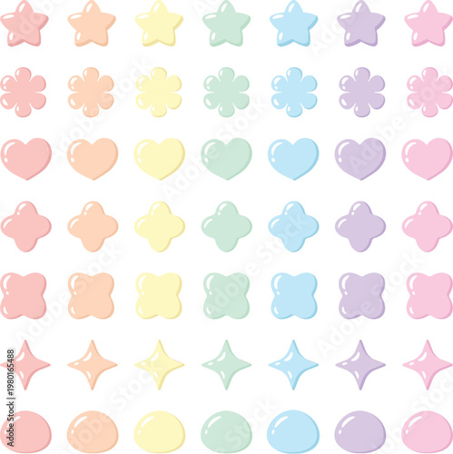 Pastel Glossy Shapes Stickers Set Stars Flowers Hearts Rounded Icons without outline stroke