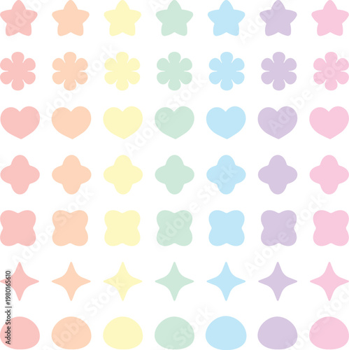 Pastel Shapes Stickers Set Flat Stars Flowers Hearts Rounded Icons