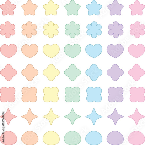 Pastel Shapes Stickers Set Outline Stars Flowers Hearts Rounded Icons