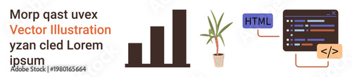 Business analytics, programming, digital workflow, education, web design, office setups. Bar chart, coding blocks plant icon. Business analytics and programming displayed