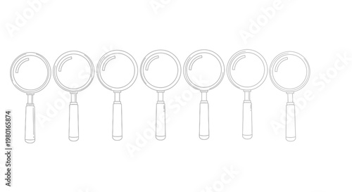 Foto A row of seven identical magnifying glasses depicted as a simple black and white