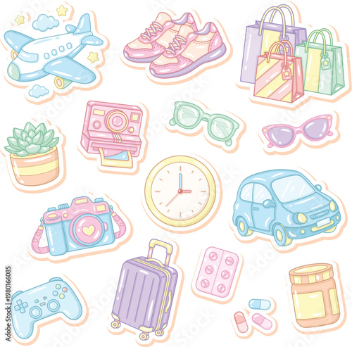 Cute Pastel Lifestyle Stickers Set, Kawaii Travel, Shopping and Daily Objects without background