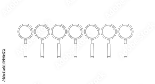 A row of seven identical black and white magnifying glasses uniformly spaced and aligned horizontally