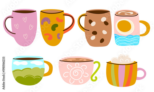 Set of colorful cups and mugs isolated on white background. Different ceramic tea or coffee cups. Kitchen pottery collection. Vector dishware icons.