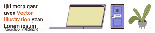 Digital security, remote work, home office, technology integration, freelancing, privacy protection. Laptop, locked door smartphone and plant. Digital security and remote work concept