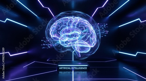 Glowing blue brain with neural network connections displayed on a futuristic digital screen