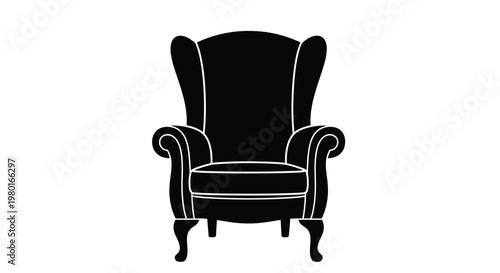 A minimalist black silhouette of a classic wingback armchair isolated on a plain white background