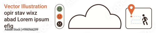 Cloud computing, data management, safety navigation, feedback, monitoring, and geolocation concept. A cloud, traffic light signals and a location pointer with a person icon are displayed. Cloud