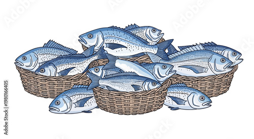 Fresh Blue Fish in Woven Baskets.