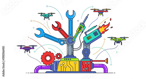 Colorful illustration of robotic machinery.