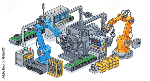 Industrial robotic arms in factory.
