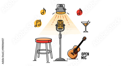 Microphone on stand with guitar nearby.