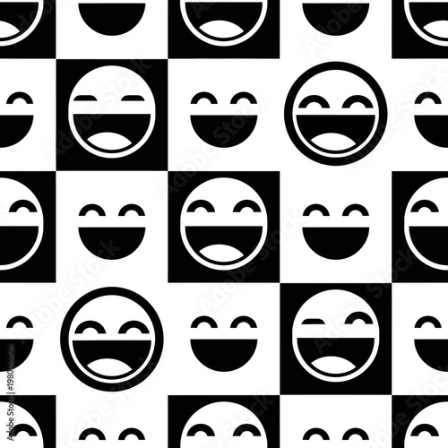 Seamless Pattern of Happy Smiling Emoticons on Black and White Background.