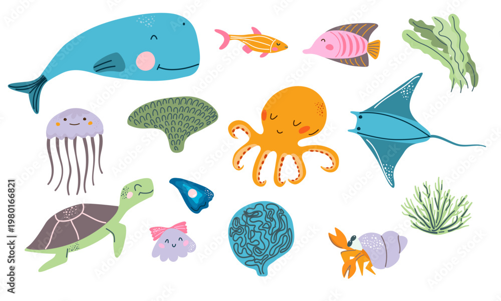 Fototapeta premium Sea animal set with whale, turtle, fish and octopus characters. Underwater plants. Cute ocean life icons for nursery decor, baby stickers, or kid design.