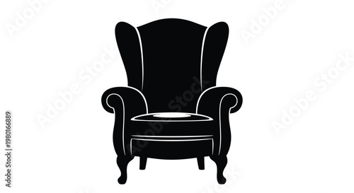 A stark black and white silhouette of a classic ornate armchair with curved features