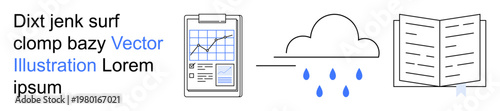 Data analysis, weather updates, education, forecasting, knowledge, business review. A clipboard with a graph, a cloud with raindrops and an open book. Data analysis and weather updates concept