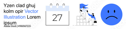 Productivity, emotional well-being, planning, teamwork, progress, reflection. A calendar, a sad emoticon and a person climbing stairs. Productivity and emotional well-being theme exploration