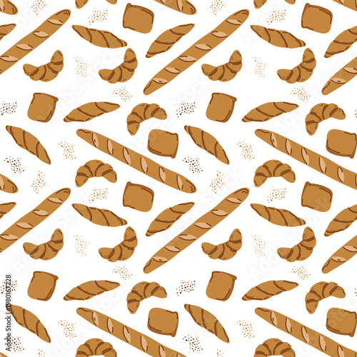 Bread, baguette and croissant seamless pattern. Fresh bakery background for cafe menu, kitchen textile, or food wrapping paper.