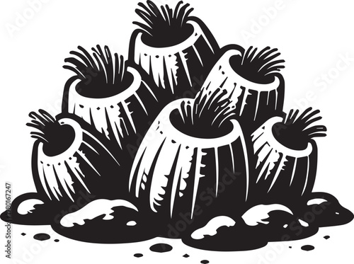 Illustration of a cluster of sea anemones or corals with sea bed illustration underwater tentacles abstract environment ecosystem botanical