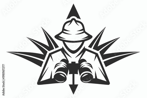 Minimalist black and white silhouette of safari guide holding binoculars, simple vector art