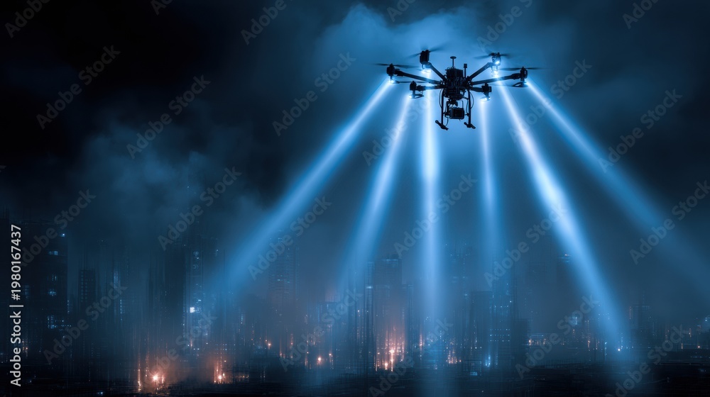 Naklejka premium Surveillance Drone Operates in Dark Urban Area Using Blue Sensor Beams for Monitoring and Data Collection in Modern City Environments