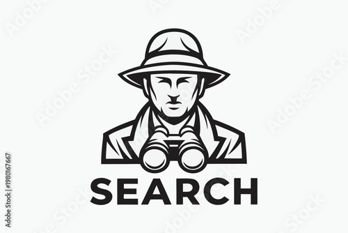 Black and white silhouette of safari guide with binoculars, isolated on white background